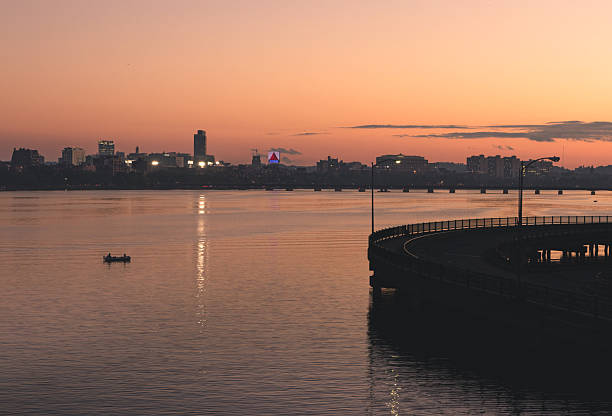 Sunset over the Charles River at the Esplanade in Boston Massachusetts