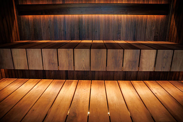 Interior of Finnish sauna or classic wooden sauna. Relax and treatment in the spa