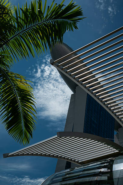 Modern cityscape of Singapore city center. Skyscraper buildings or high-rise, contemporary architecture. Sunny day, blue sky and pedestrian promenade. Futuristic buildings
