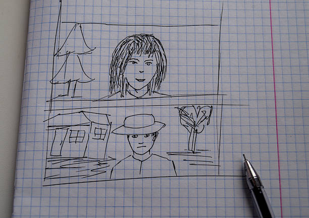 An apple pencil drawing in a notebook and a pencil on a black table. Learning to draw a concept.