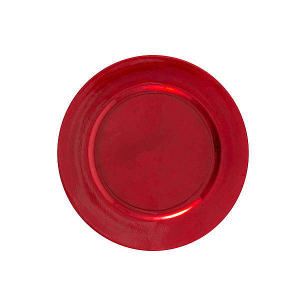 istock Red shiny plastic plate isolated over white background 2253128369