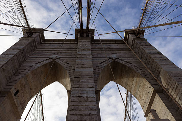 This image captures the intricate architectural details of a bridge from a low angle perspective, set against a vibrant blue sky with wispy clouds.