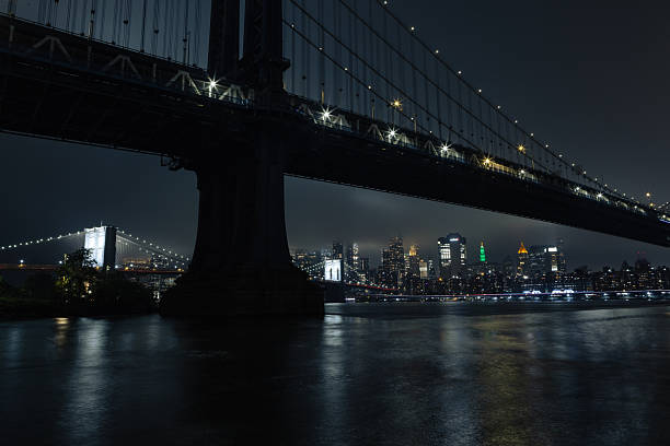 Stunning night view of New York City featuring a bridge and illuminated skyline against the dark sky.