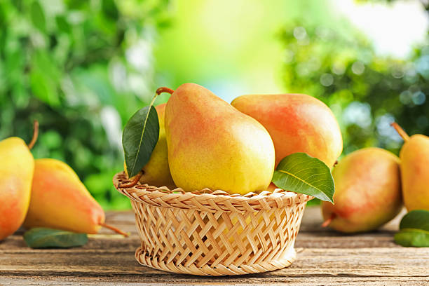 Fresh ripe pears on wooden table outdoors, closeup
