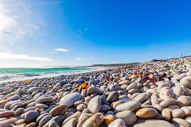 Tranquil coastline landscape with azure sky, sand, rocks, and gentle waves, South Africa