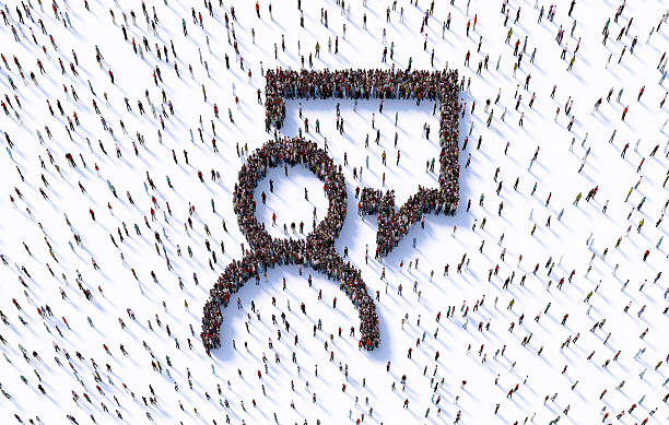 istock Human Crowd Forming A Man And Speech Bubble Symbol On White Background 2253132188