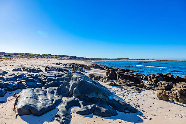Tranquil coastline landscape with azure sky, sand, rocks, and gentle waves, South Africa