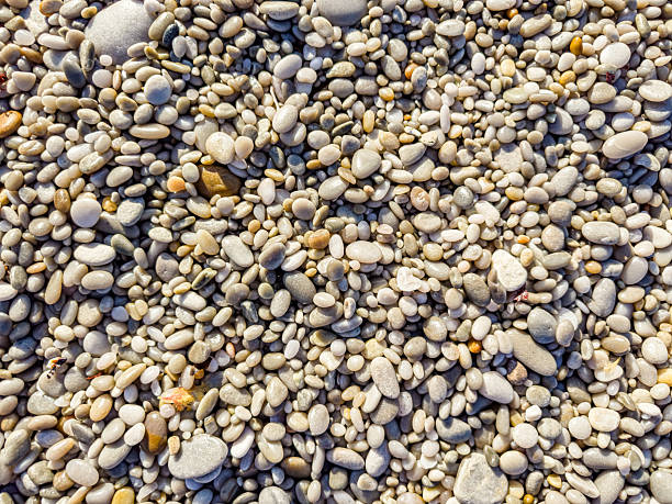 Close up view of small wet pebbles on a beach