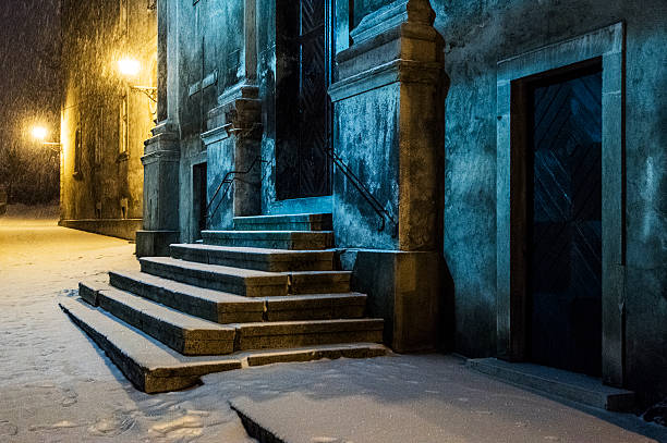 Simferopol, Republic of Crimea - December 1, 2021: Heavy snow fell on the territory of the Crimean Peninsula on the first day of winter. Small shop entrance and snow-covered sidewalk