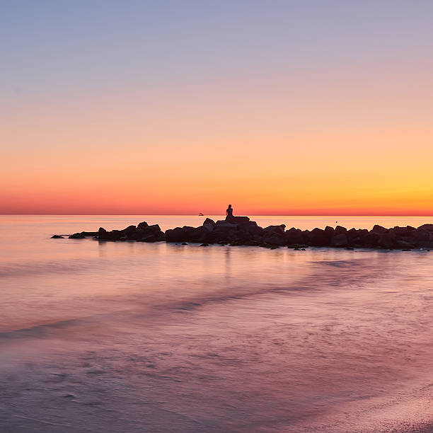 istock Slow shutter seascape view black stone in sunrise 2253134565