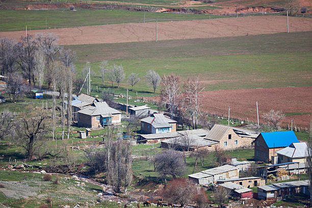Small village in rural landscape. Quaint houses with various roof colors are scattered among patches of greenery, budding trees signaling arrival of spring. Surrounding fields, ready for cultivation