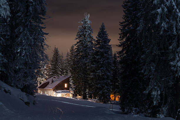 istock Cozy cabin glowing at night in winter forest 2253136628