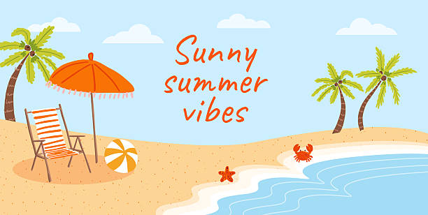 Beach landscape with palm trees, striped deck chair, sun umbrella, beach ball, crab, starfish and waves. Bright childlike design with light blue sky and cartoon elements. Vector illustration for ads.