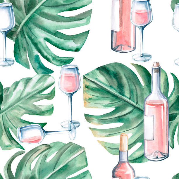 istock Seamless pattern with wine bottles, glasses, and monstera leaves. Hand-drawn watercolor illustration for hotel interior design, fabric printing, and packaging. 2253141739