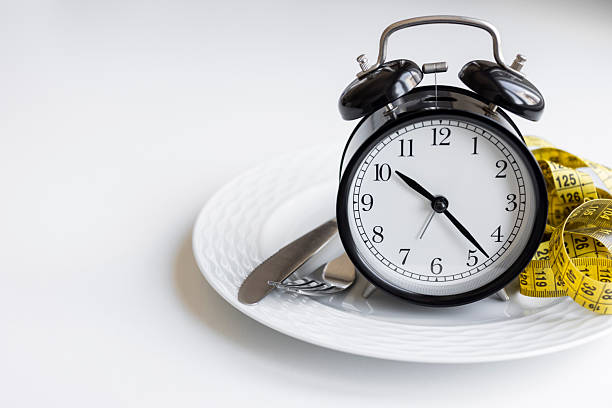 istock Alarm Clock with Measuring Tape on Plate Diet Concept 2253143467