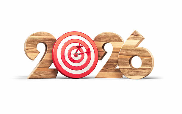 3d render New Year 2026 Wood Veneer and Dart Board Hits the Target from 12, New Year, Christmas, Celebration concepts, Object + Shadow Path (close-up)