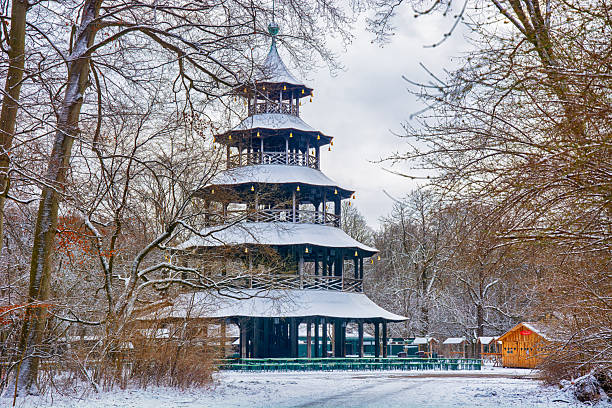 The Chinese Tower is a 25-metre wooden building resembling a pagoda at the Englischer Garten in Munich, Germany