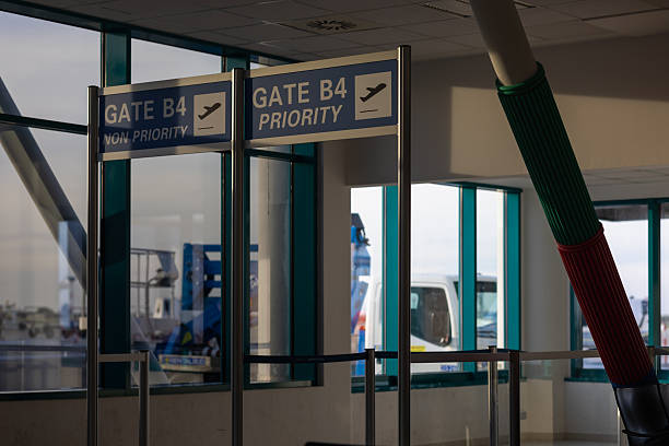 airport departure gate b4 with priority and non-priority boarding signs in a modern terminal at sunset, travel logistics and transportation concept