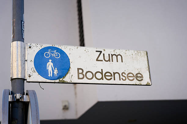 Signpost pointing towards Lake Constance in Bregenz with the German inscription Zum Bodensee. Translation: To Lake Constance