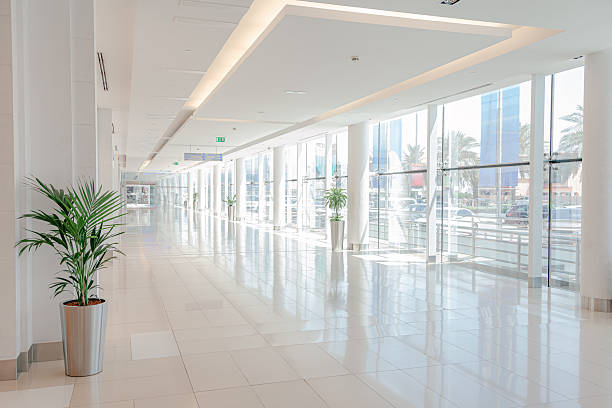 istock Bright empty corridor with floor to ceiling glass windows, white columns and potted palm plants in modern shopping mall interior with copy space 2253161449