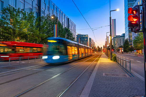 istock Blue tram at sunset on Dronning Eufemias gate in downtown Oslo 2253162910