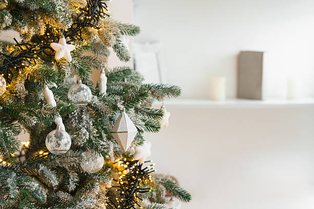 istock Snowy frosted Christmas tree branches with ornaments on warm string lights illumination background 2253164357
