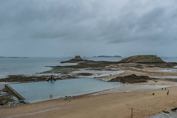 Saint-Malo - 12 September 2025: Natural pool with sea water in Saint-Malo during low tide, Bretagne France