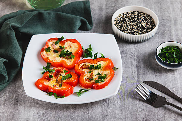 istock Fried bell pepper rings with sausages, tomatoes and egg on a plate on the table 2253173656