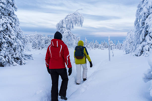 Two people exploring frozen forest in the winter scenery of finnish lapland, Finland