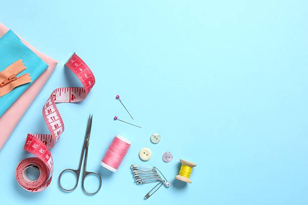 istock Flat lay composition with different sewing supplies on color background 2253178463