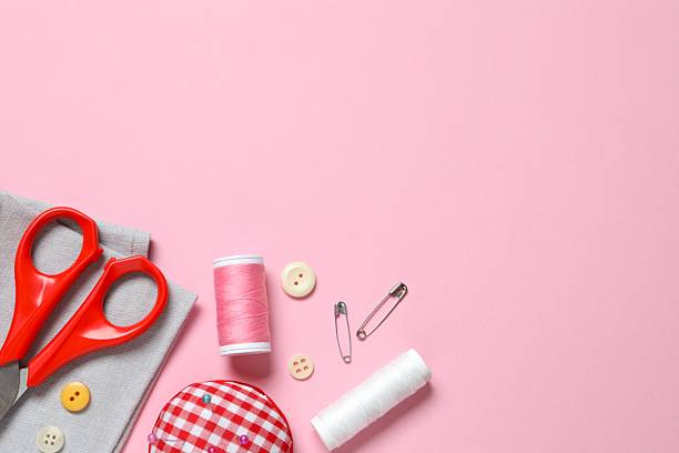 istock Flat lay composition with different sewing supplies on color background 2253178498