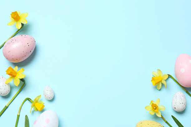 istock Happy Easter. Colorful eggs and yellow flowers on color background, space for text or advertising 2253180698