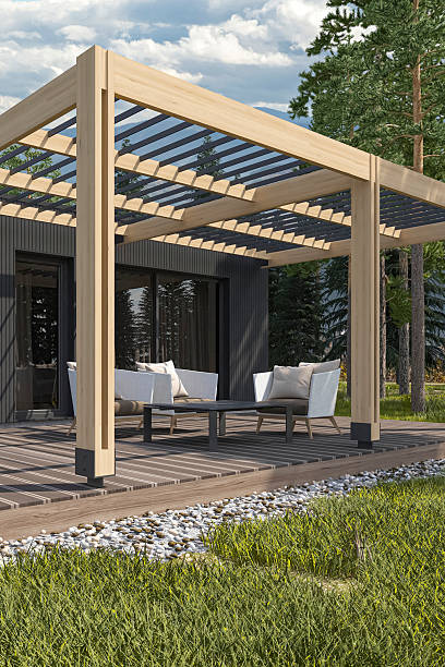 istock Scandinavian Modern Villa or Weekend House with Pine Wood Paneling Black Facade and Canopy 2253183241
