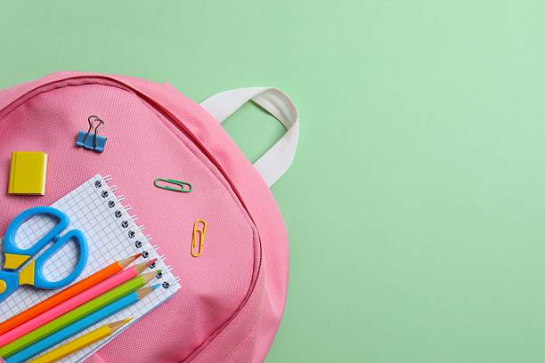 istock Pink backpack with school supplies on green background. Top view, space for text 2253183968