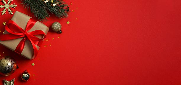istock Festive Christmas composition with gift box and decorations, top view 2253184259