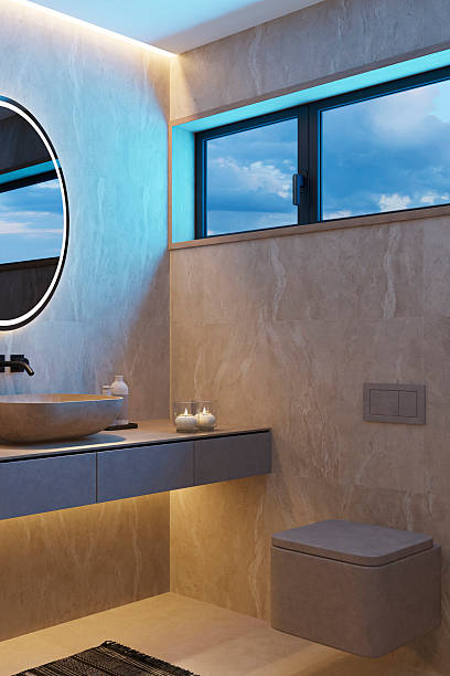 istock Japandi Spa Bathroom Interior with Pine Wood and White Stone Spa Elements Night Scene 2253184723
