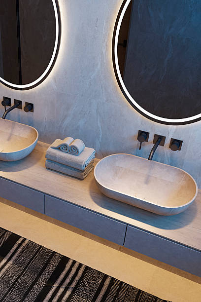 istock Japandi Spa Bathroom Interior with Pine Wood and White Stone Spa Elements Night Scene 2253184756
