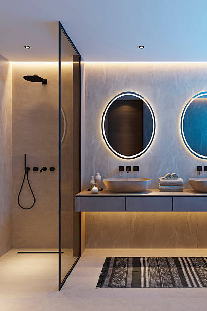 istock Japandi Spa Bathroom Interior with Pine Wood and White Stone Spa Elements Night Scene 2253184783