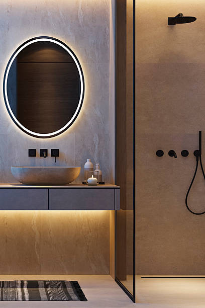 istock Japandi Spa Bathroom Interior with Pine Wood and White Stone Spa Elements Night Scene 2253184786
