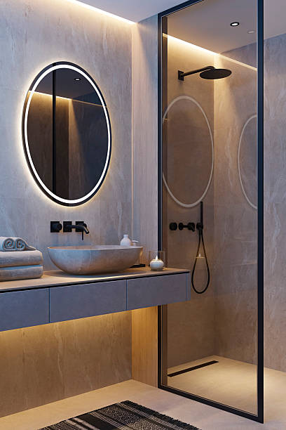 istock Japandi Spa Bathroom Interior with Pine Wood and White Stone Spa Elements Night Scene 2253184805