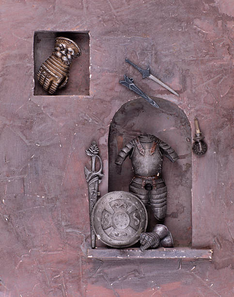 knightly equipment, sword and helmet