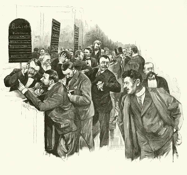Engraving showing a crowded betting office where numerous men gather at a counter to place wagers, depicted as a lively social scene, isolated on a light background.