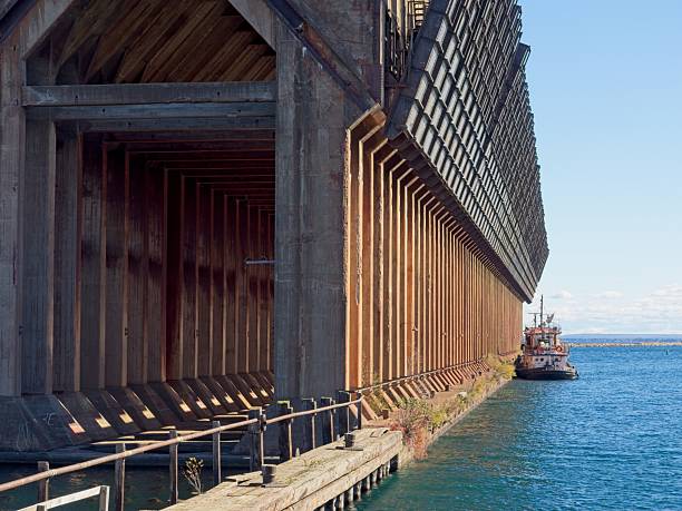 The lower harbor ore dock near downtown Marquette Michigan. The massive structure was used for the loading of iron ore onto lake freighters to cross Lake Superior. A newer larger Ore dock is now located well north of the downtown.
