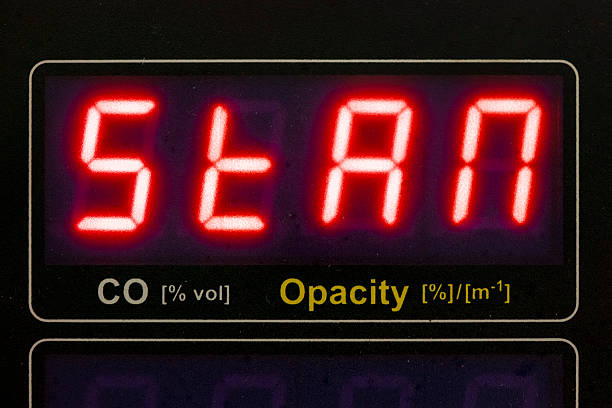 Digital STAN display showing automotive emissions measurement standby mode for CO and opacity monitoring in workshop diagnostics