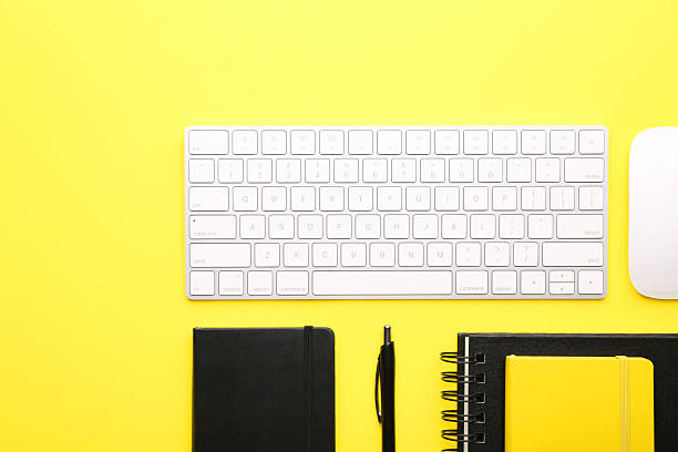 istock Flat lay composition with office stationery on yellow background 2253212337