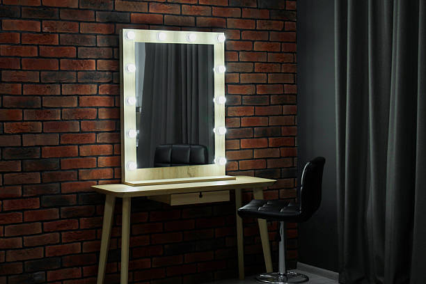 istock Mirror with light bulbs, table, chair and curtain in makeup room 2253213227