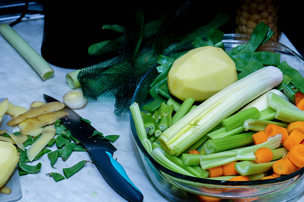 Cabbage soup and mixed vegetables in portions Meal served