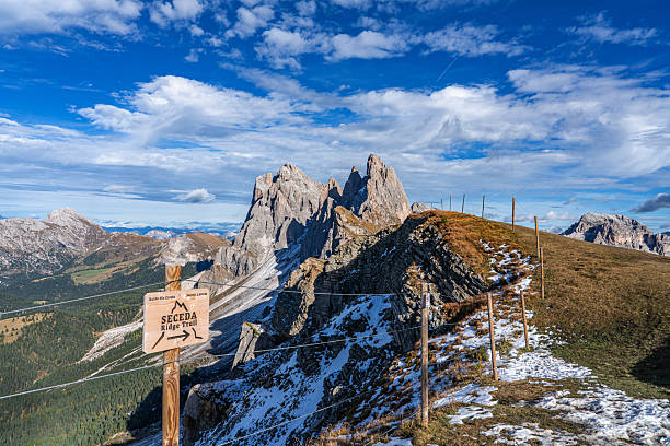 Seceda mountains dramatic cliffs in the Dolomites, South Tyrol, Italy.