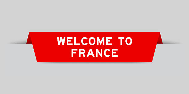 istock Red color inserted label with word welcome to france on gray background 2253223577