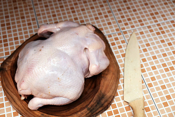 Fresh Raw uncooked whole chicken with knife on a wooden chopping board, preparation cooking.